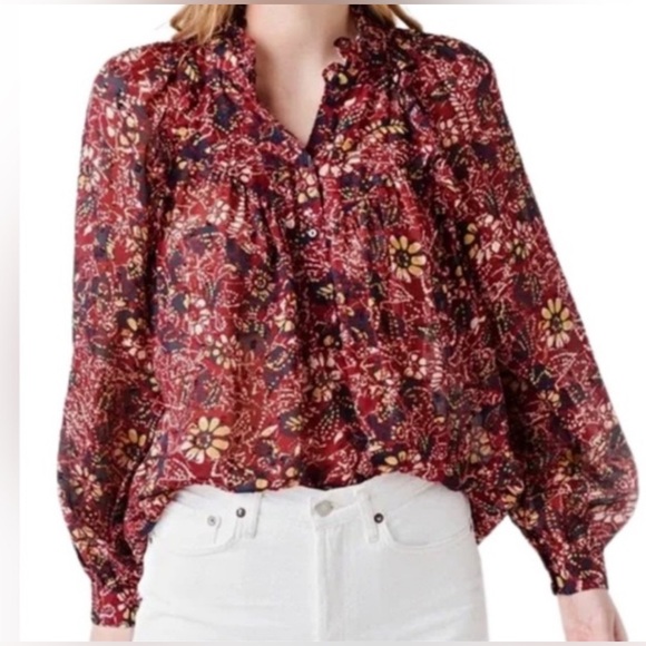 Ba&sh Gaelle Bordeaux Floral Buttoned Ruffled Puff Sleeve Blouse Size Medium - Picture 4 of 15